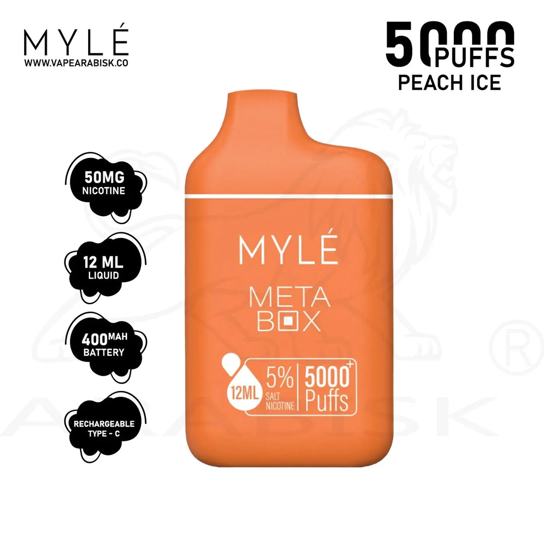 MYLE META BOX 5000 PUFFS 50MG - PEACH ICE MYLE