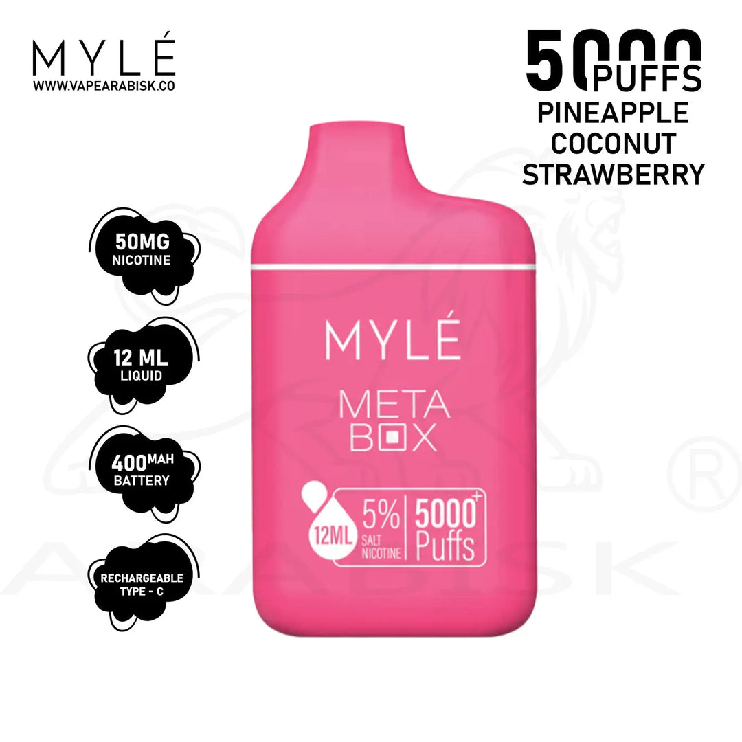MYLE META BOX 5000 PUFFS 50MG - PINEAPPLE COCONUT STRAWBERRY MYLE